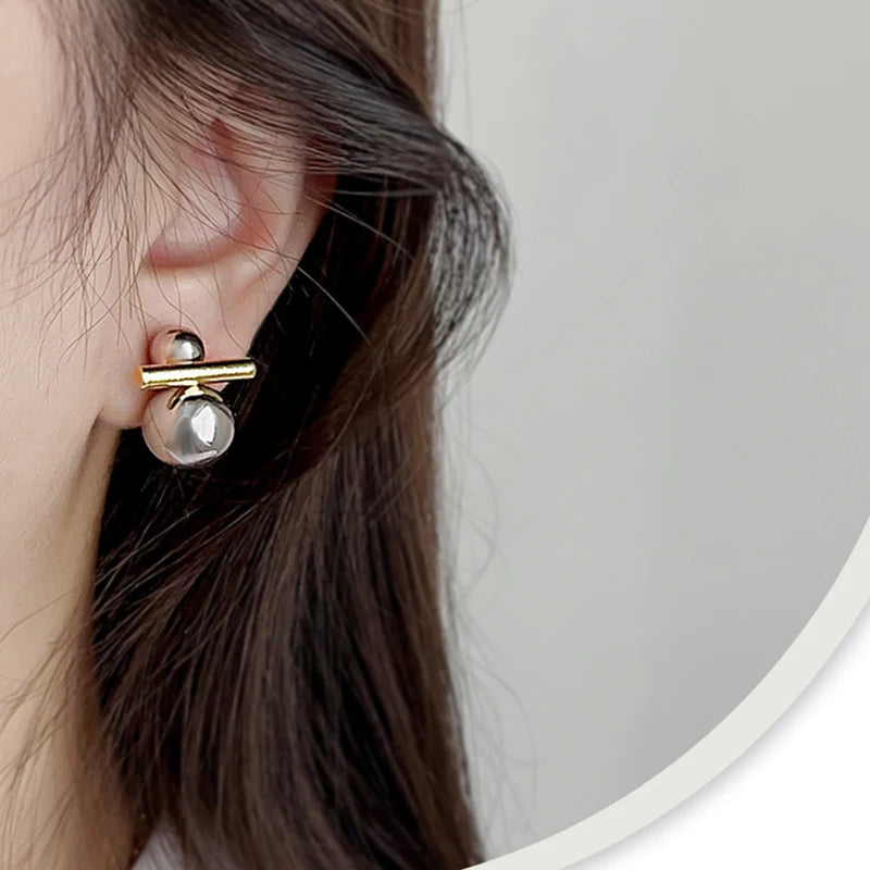 Greatera Trendy Two Tone Double Metal Ball Drop Earrings For Women Gold Silver Color Geometric Statement Earrings Jewelry 2023