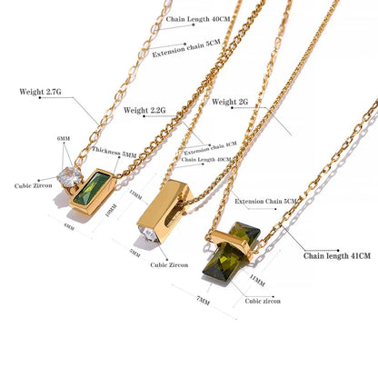 Gold necklaces with green gemstones and technical details on a white background