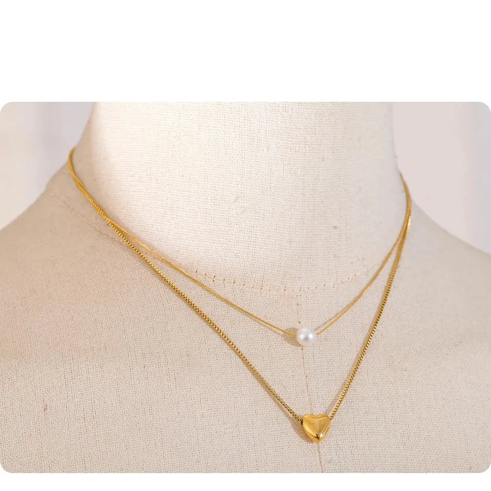 Two-Layer Heart and Pearl Necklace – Elegant Pendant Jewelry