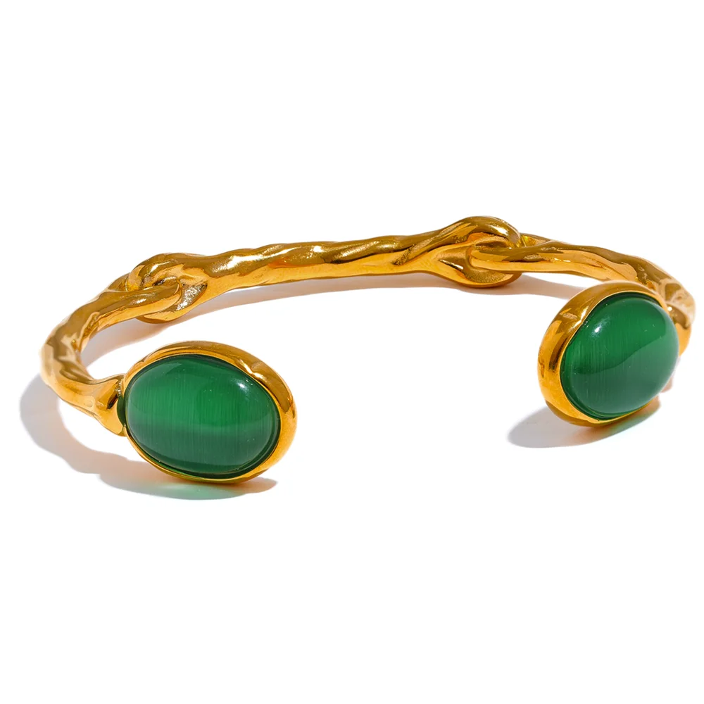 Green Stone Cuff Bracelet – Gold Plated Stainless Steel, Textured 18K Plated Waterproof Jewelry