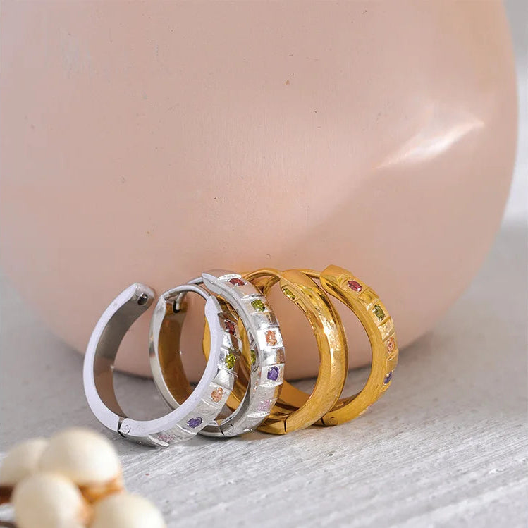 20mm Exquisite Colorful Cubic Zirconia Stainless Steel Round Hoop Earrings  Waterproof Classic Jewelry