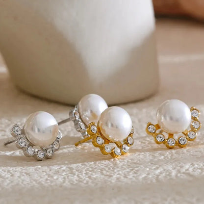 Pearl & Zirconia Stud Earrings – Gold Plated Water Resistant