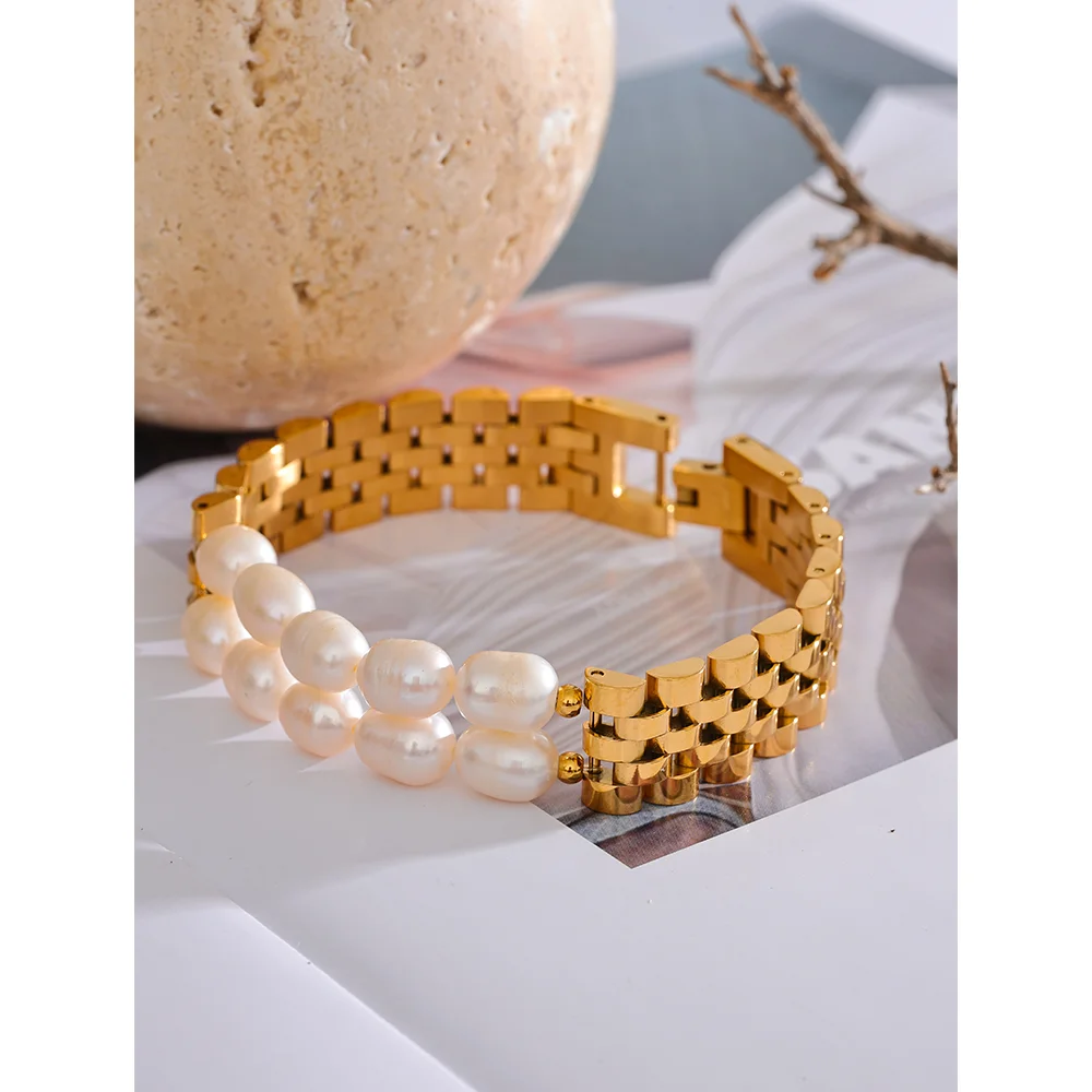 Luxury Pearl Cuban Bracelet – 18K Gold Plated 316L Stainless Steel Waterproof