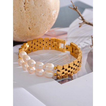 Luxury Pearl Cuban Bracelet – 18K Gold Plated 316L Stainless Steel Waterproof