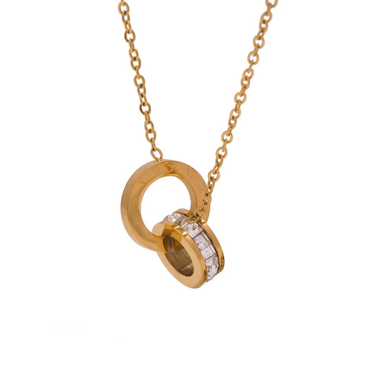 Stainless Steel Gold Color Round Necklace for Women - Roman Numerals Zirconia Pendant Vintage Jewelry