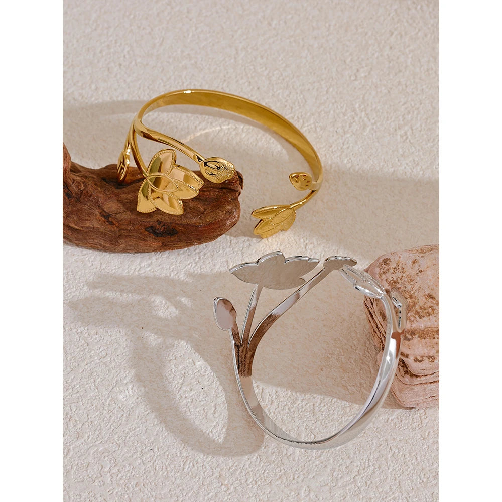 Big Flower Open Cuff Bracelet – Stainless Steel Gold Bangle