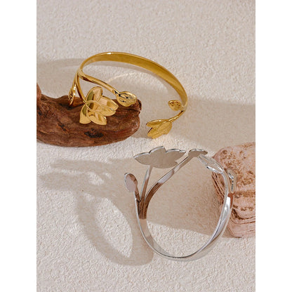 Big Flower Open Cuff Bracelet – Stainless Steel Gold Bangle