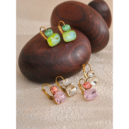 Crystal Stud Earrings French Hoops Trendy White Green Pink Jewelry for Women 18k PVD Plated