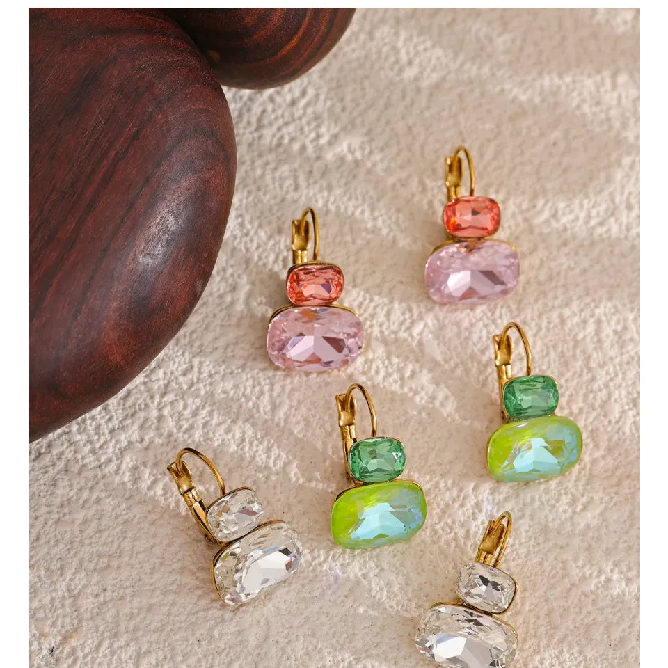 Crystal Stud Earrings French Hoops Trendy White Green Pink Jewelry for Women 18k PVD Plated