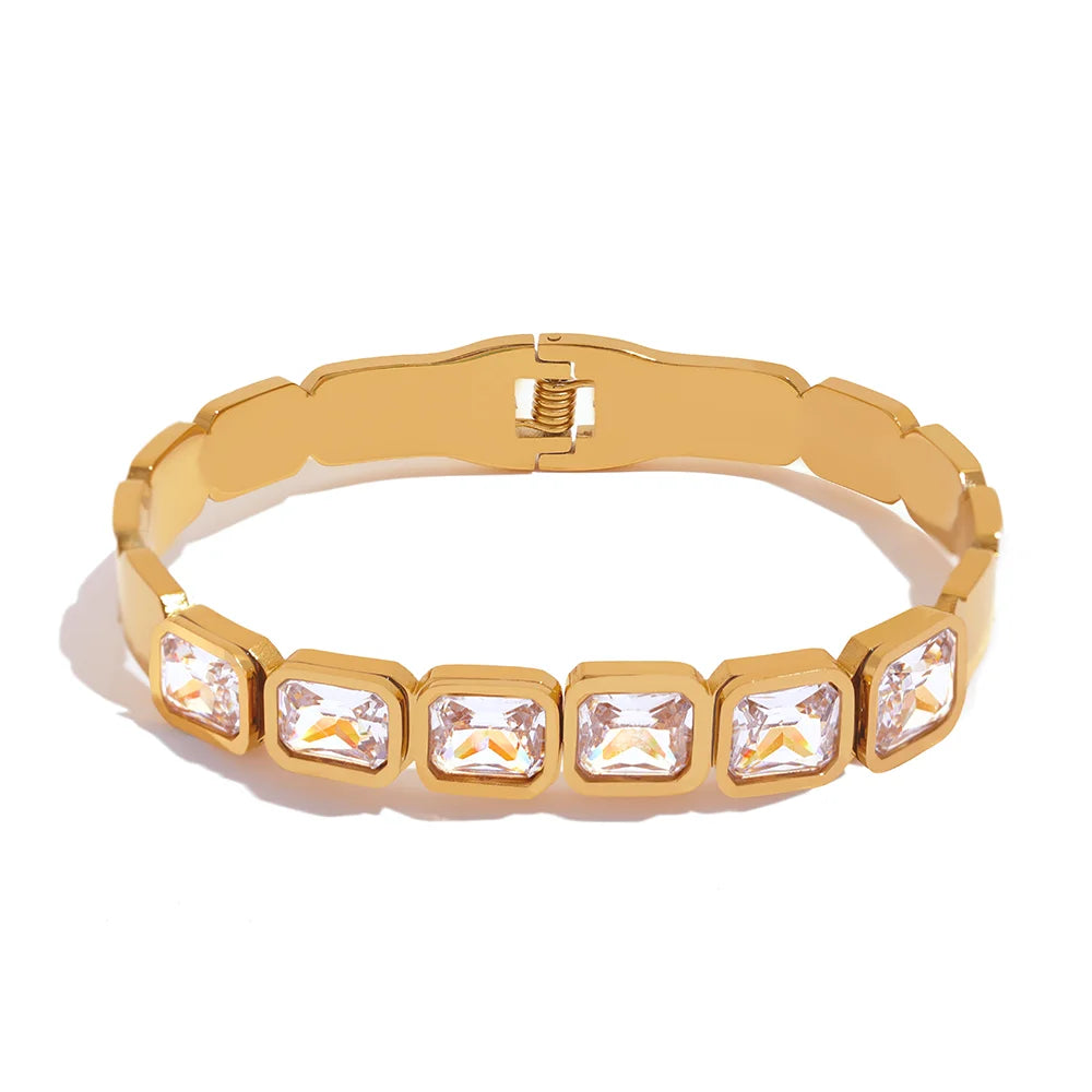 Green & White CZ Cuff Bracelet – 18K Gold Plated Waterproof Stainless Steel Jewellery