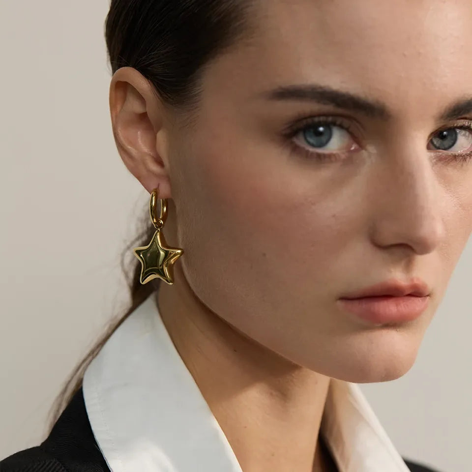 Fashion Stainless Steel Star Thick Drop Hoop Earrings Women - 18K Gold Plated Jewelry
