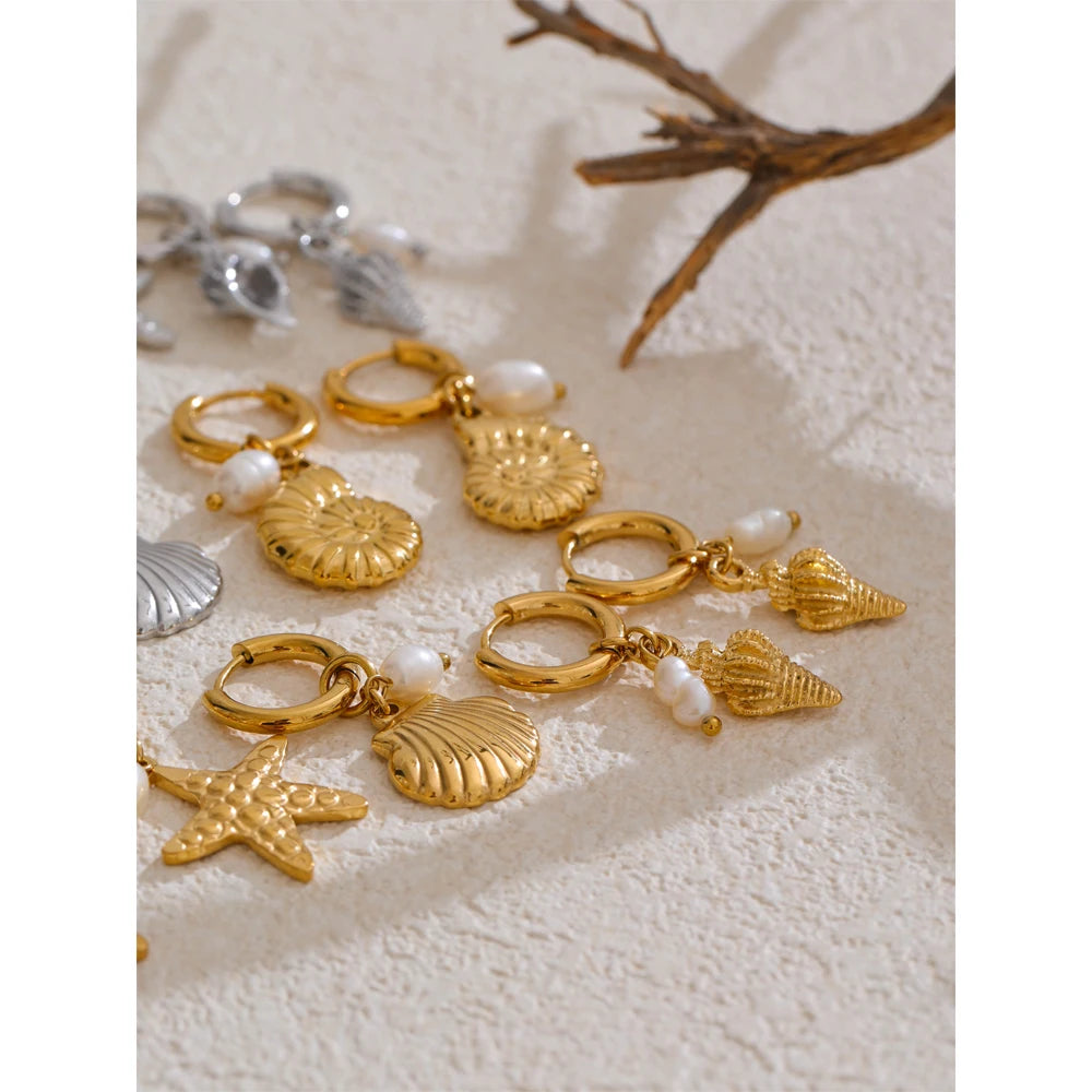 Ocean Theme Natural Pearl Conch Shell Starfish Drop Summer Hoop Earrings for Women Stainless Steel Holiday Daily Jewelry