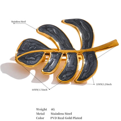 Leafy Enamel Brooch – 18K Gold-Plated Stainless Steel Pin with Pearl