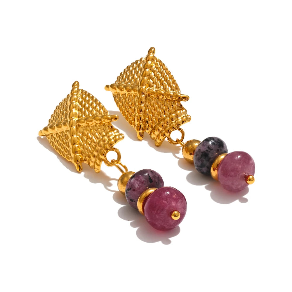 Handmade Waterproof Golden Drop Earrings – Natural Stone Design