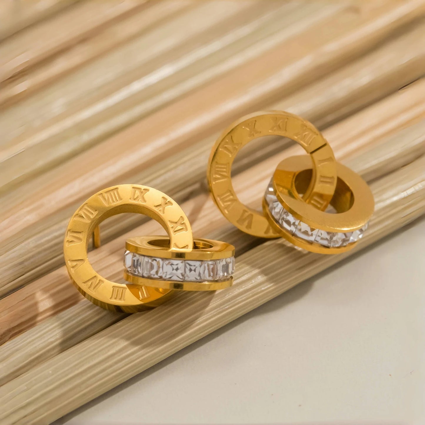 Classics Round Earrings for Women - Roman Numerals Stainless Steel Gold Plated Earring Vintage Jewelry