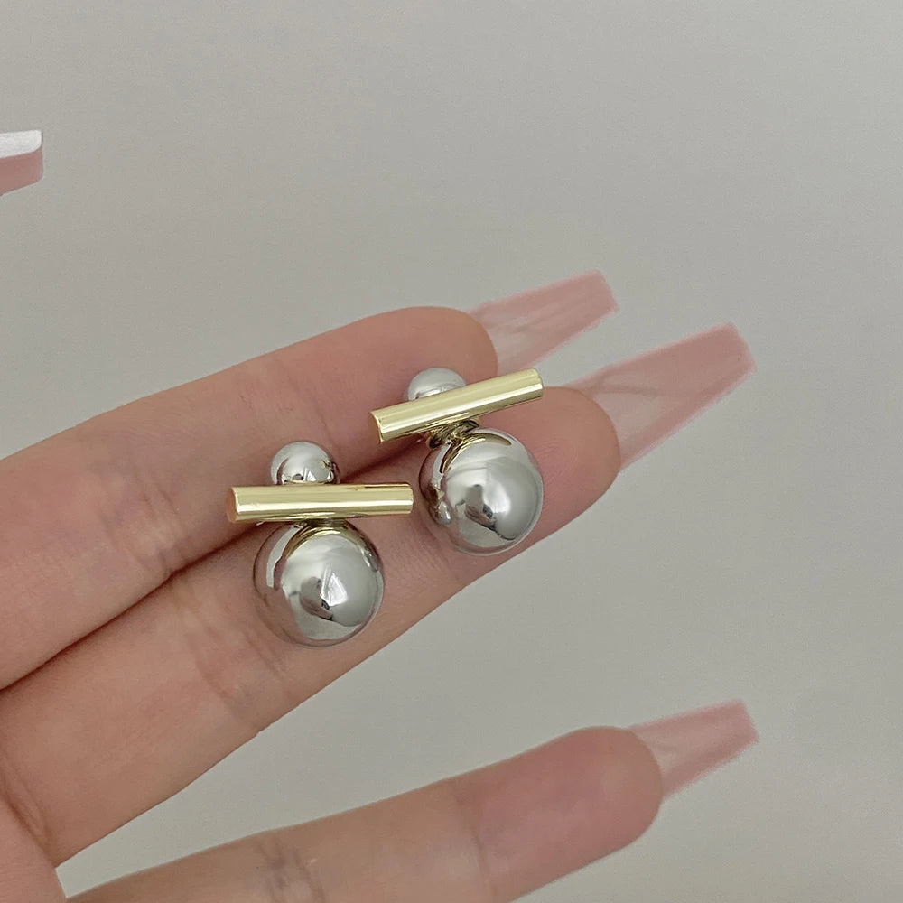 Greatera Trendy Two Tone Double Metal Ball Drop Earrings For Women Gold Silver Color Geometric Statement Earrings Jewelry 2023