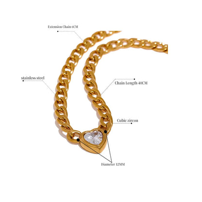 18K Gold PVD Heart Pendant Necklace with Zirconia Stone