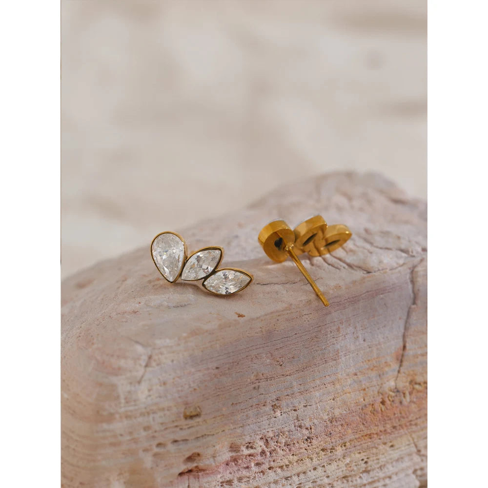 Waterproof Shiny Cubic Zirconia Exquisite Wing Small Stud Earrings - 18K Gold Plated Stainless Steel Chic Jewelry