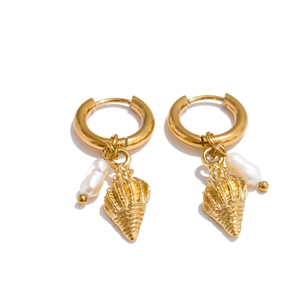 Ocean Theme Natural Pearl Conch Shell Starfish Drop Summer Hoop Earrings for Women Stainless Steel Holiday Daily Jewelry