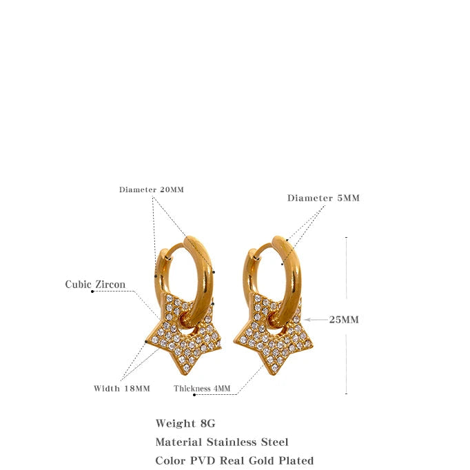 Star Drop Stainless Steel Cubic Zirconia Hoop Earrings for Women 18K PVD Plated Texture Jewelry