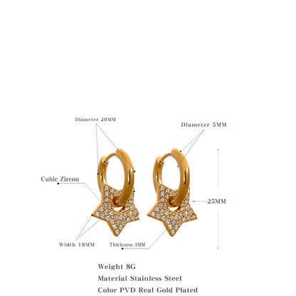 Star Drop Stainless Steel Cubic Zirconia Hoop Earrings for Women 18K PVD Plated Texture Jewelry