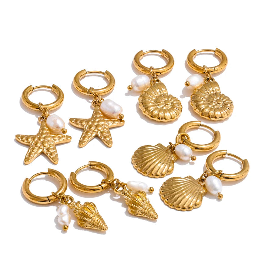 Ocean Theme Natural Pearl Conch Shell Starfish Drop Summer Hoop Earrings for Women Stainless Steel Holiday Daily Jewelry