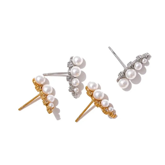 Tarnish-Free Gold Stud Earrings with Pearls & Cubic Zirconia – Elegant Jewelry