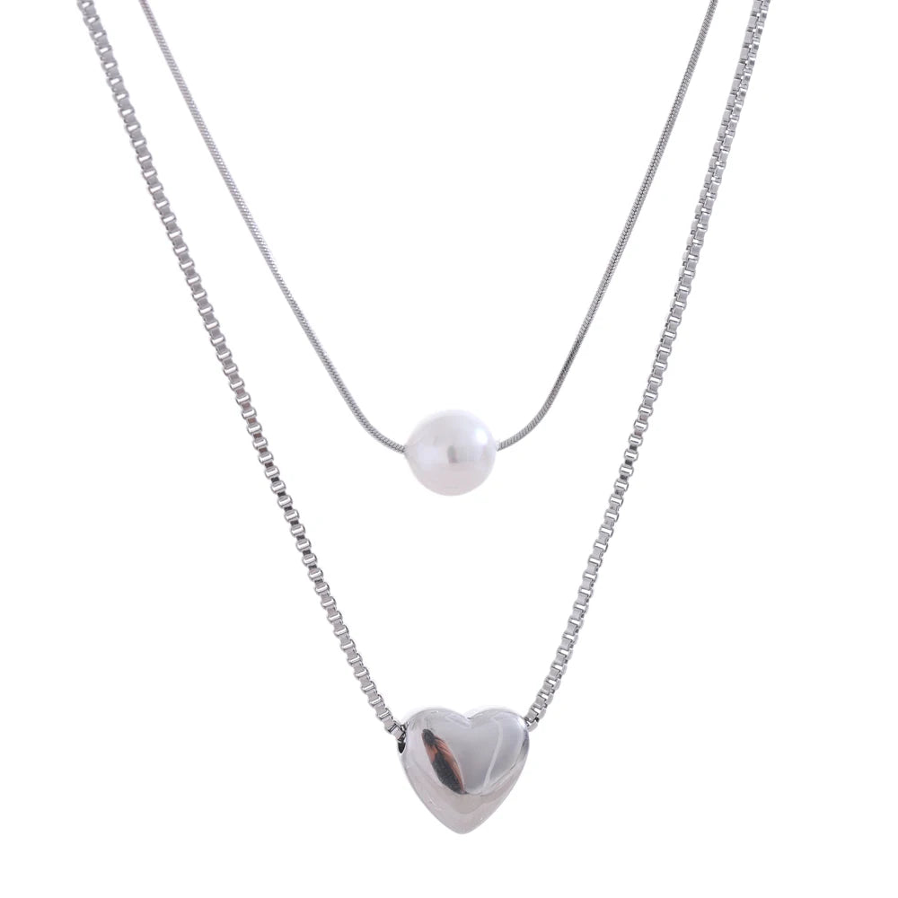 Two-Layer Heart and Pearl Necklace – Elegant Pendant Jewelry
