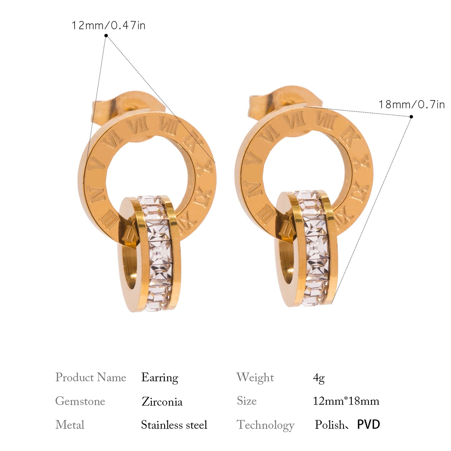 Classics Round Earrings for Women - Roman Numerals Stainless Steel Gold Plated Earring Vintage Jewelry