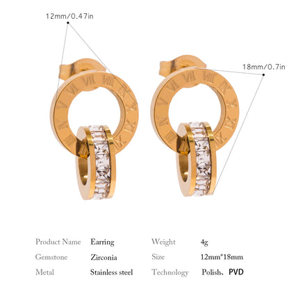 Classics Round Earrings for Women - Roman Numerals Stainless Steel Gold Plated Earring Vintage Jewelry