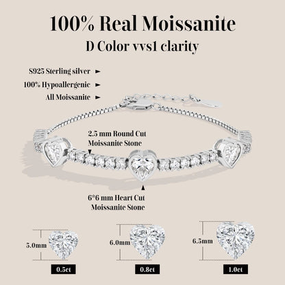 Valentine's Day Heart Shaped Moissanite Bracelet S925 Sterling Silver Adjustable Tennis Bracelet - 18K Gold Plated Fine Jewelry