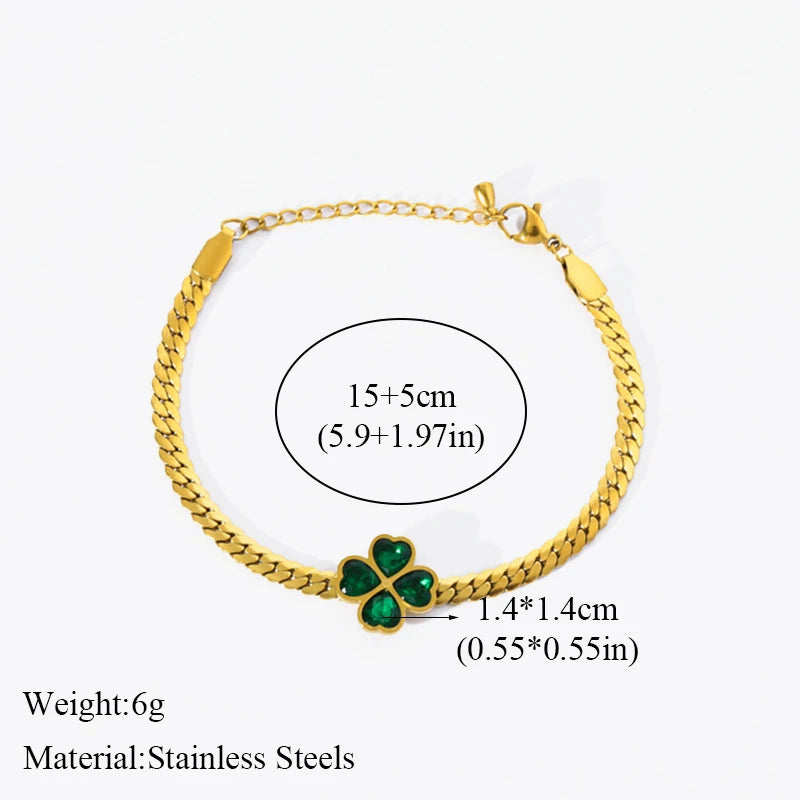 Green Crystal Clover Charm Bracelet – Waterproof Stainless Steel Bangle