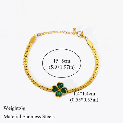 Green Crystal Clover Charm Bracelet – Waterproof Stainless Steel Bangle