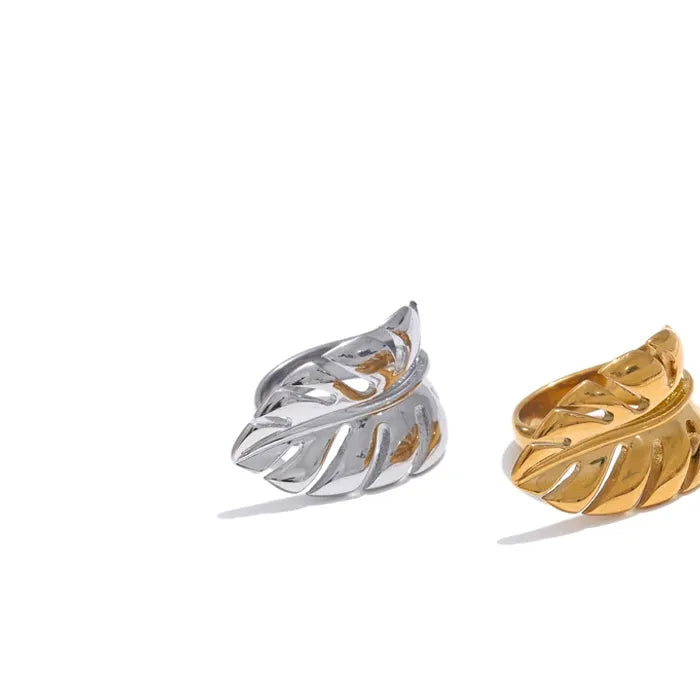Luxe Jewels Stylish Stainless Steel Metal Leaf Open Ring - 18K Gold Plated Jewelry
