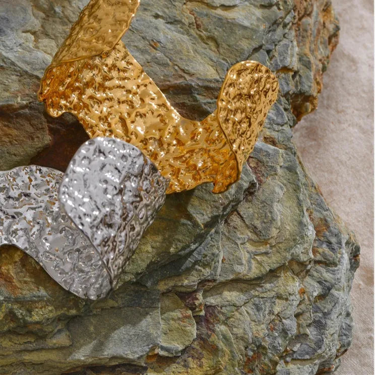 Hammered Wide Open Cuff – 18K Gold Stainless Steel Bracelet