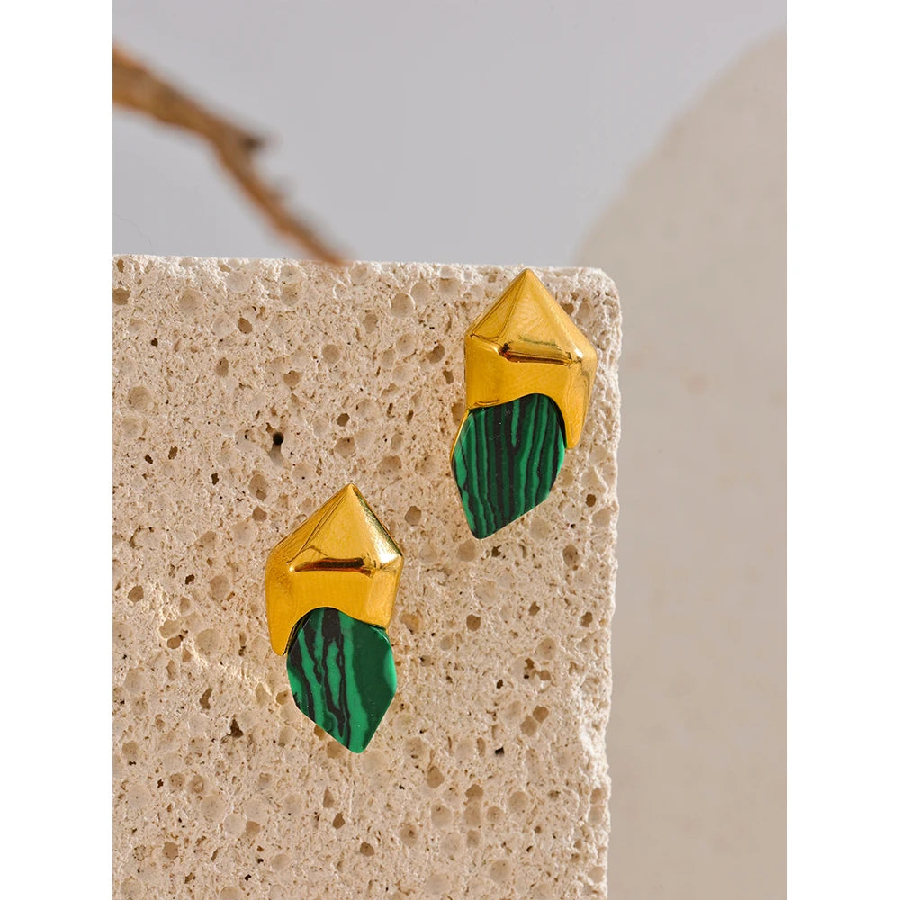 Gold Plated Green Malachite Geometric Earrings – Tarnish Resistant Studs