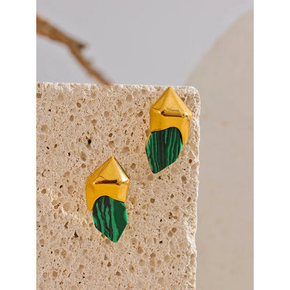 Gold Plated Green Malachite Geometric Earrings – Tarnish Resistant Studs