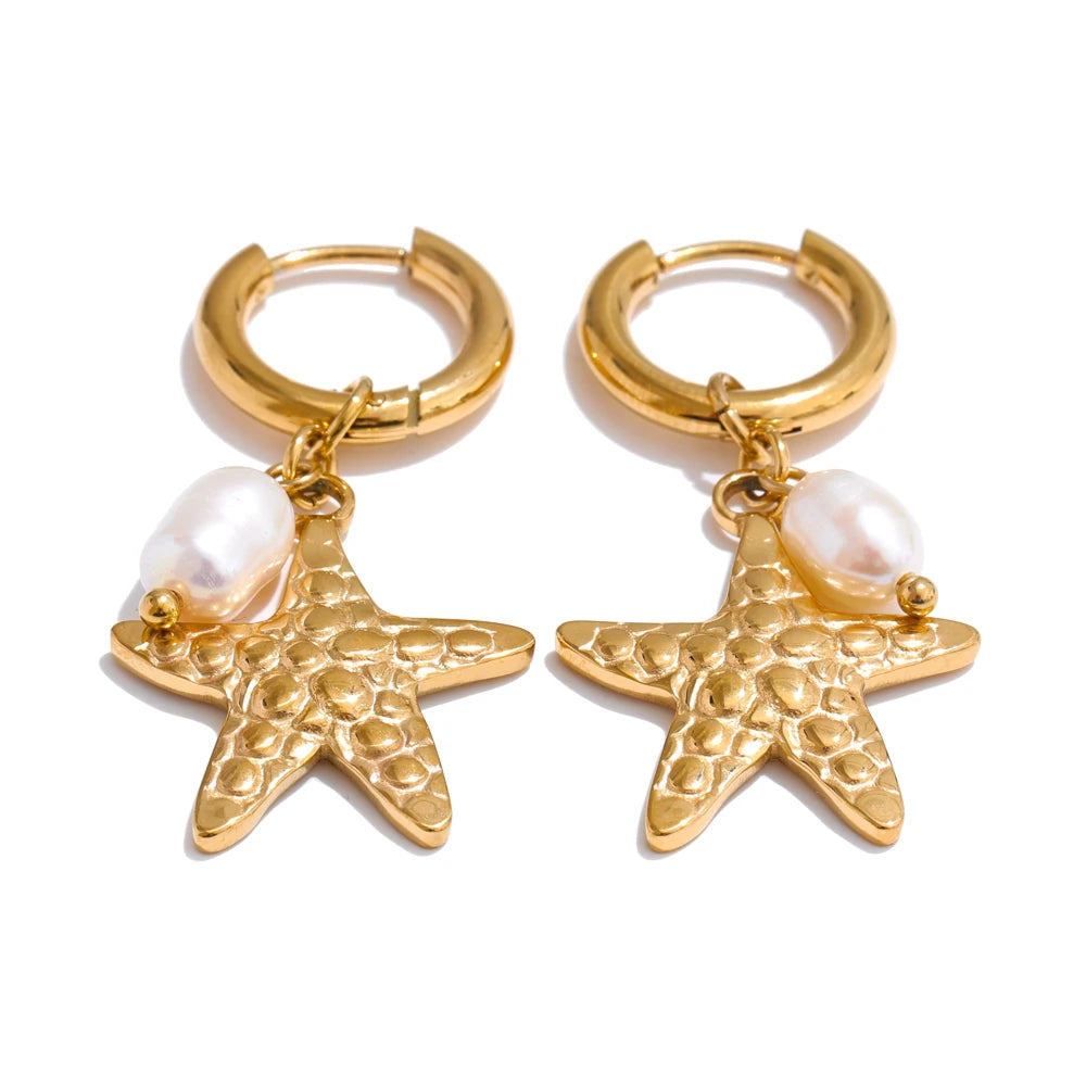 Ocean Theme Natural Pearl Conch Shell Starfish Drop Summer Hoop Earrings for Women Stainless Steel Holiday Daily Jewelry
