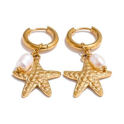 Ocean Theme Natural Pearl Conch Shell Starfish Drop Summer Hoop Earrings for Women Stainless Steel Holiday Daily Jewelry