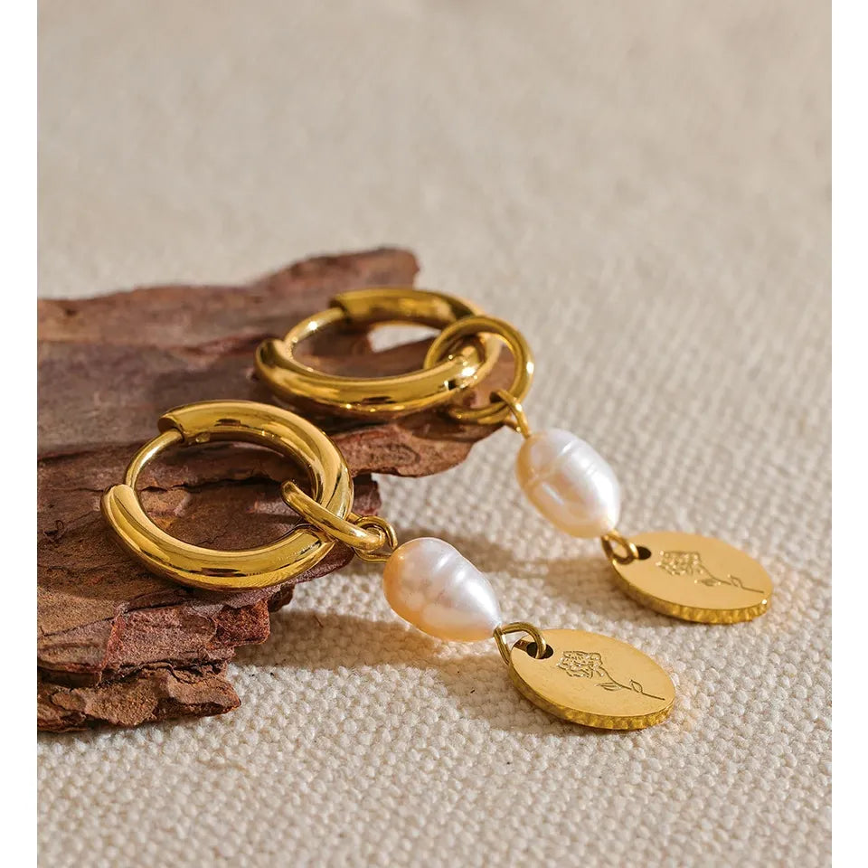 Stainless Steel Natural Pearl Charm Flower Drop Handmade Chic Earrings Gold Silver Color Trendy Jewelry