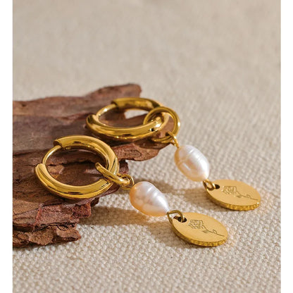 Stainless Steel Natural Pearl Charm Flower Drop Handmade Chic Earrings Gold Silver Color Trendy Jewelry