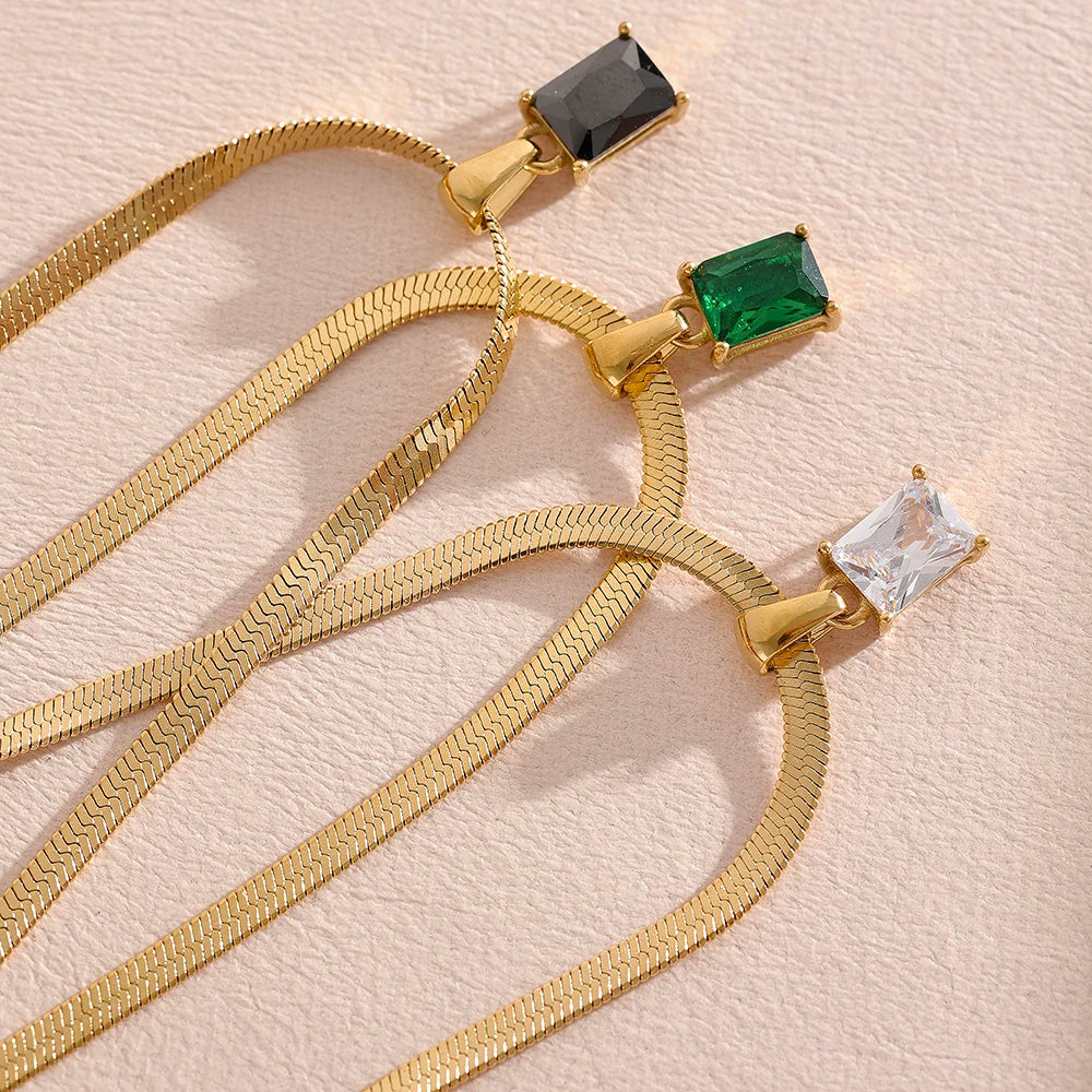 Geometric Square CZ Drop Snake Necklace – Waterproof Gold-Plated