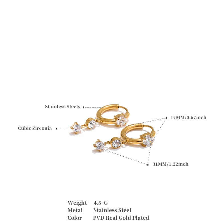 Gold Plated Stainless Steel Cubic Zirconia Drop Earrings