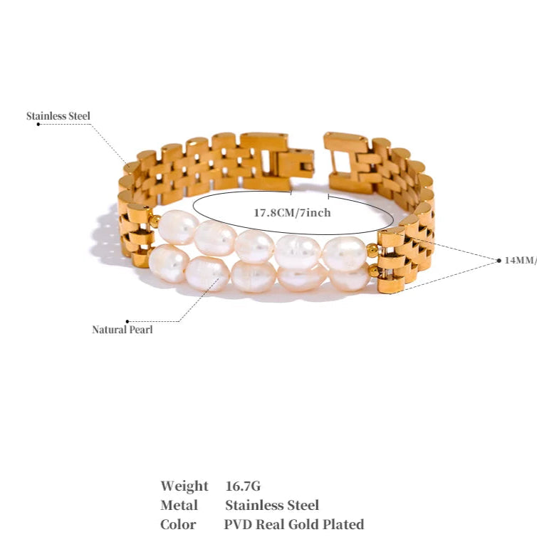 Luxury Pearl Cuban Bracelet – 18K Gold Plated 316L Stainless Steel Waterproof