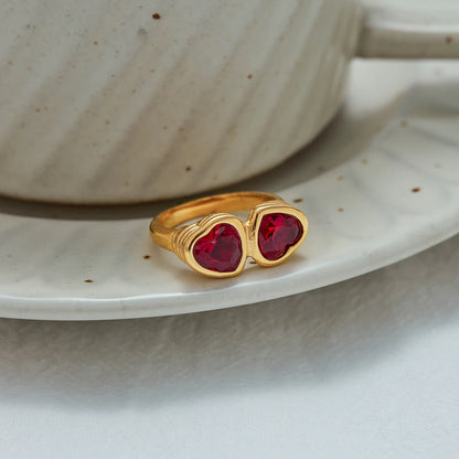 Heart-Shape Red Rhinestone Ring – Waterproof Stainless Steel with 18K Gold Plating