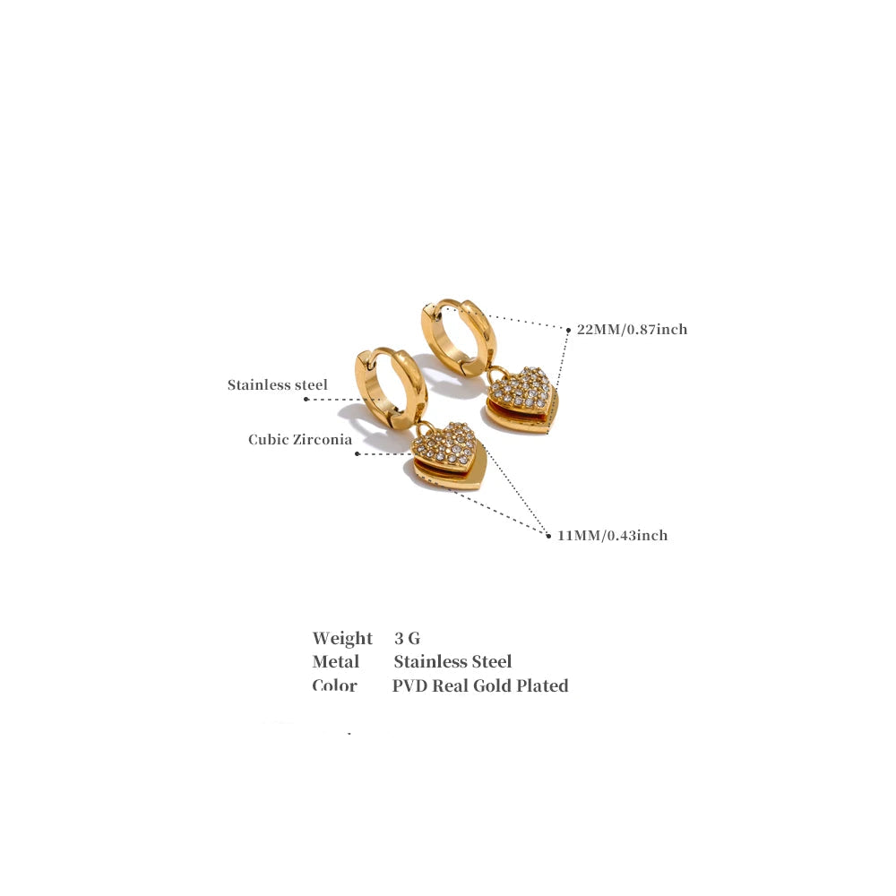18K Gold Plated Stainless Steel Double Heart Cubic Zircon Drop Hoop Earrings for Women Hypoallergenic High Quality Jewelry