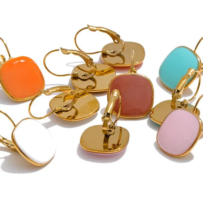 Joyful Candy Multicolored Enamel Square Hoop Earrings 18K Golden Plated Waterproof Stainless Steel Spring Summer Jewelry