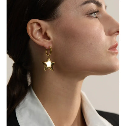 Fashion Stainless Steel Star Thick Drop Hoop Earrings Women - 18K Gold Plated Jewelry