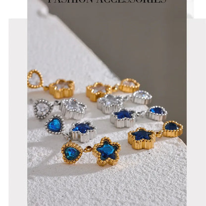 High Quality Blue White Cubic Zirconia Stainless Steel Heart Star Drop Earrings - 18K Gold Plated Jewelry