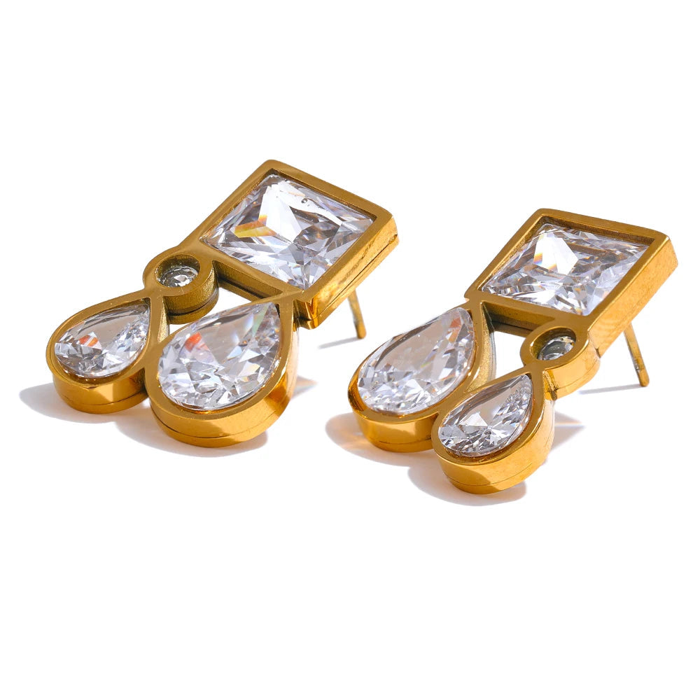 Shiny Cubic Zirconia Square Water Drop Teardrop Stud Earrings 316L Stainless Steel CZ Golden Premium Jewelry